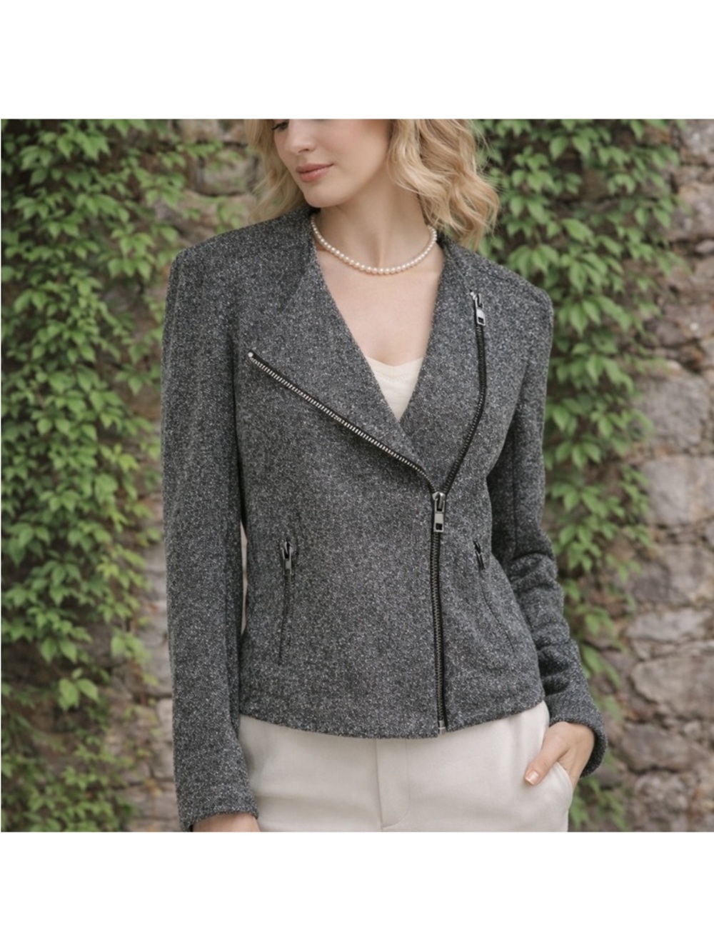 NWT Catherine Malandrino Asymmetrical Zip Moto Jacket in Gray Black size Medium